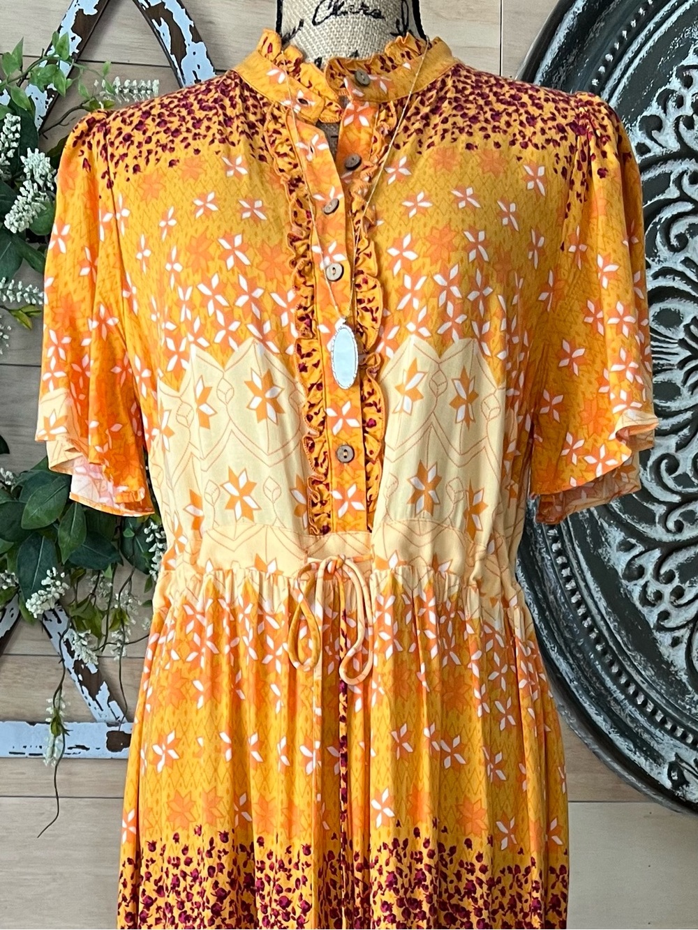 easel Yellow Orange Floral Ruffle Tie-Waist Dress